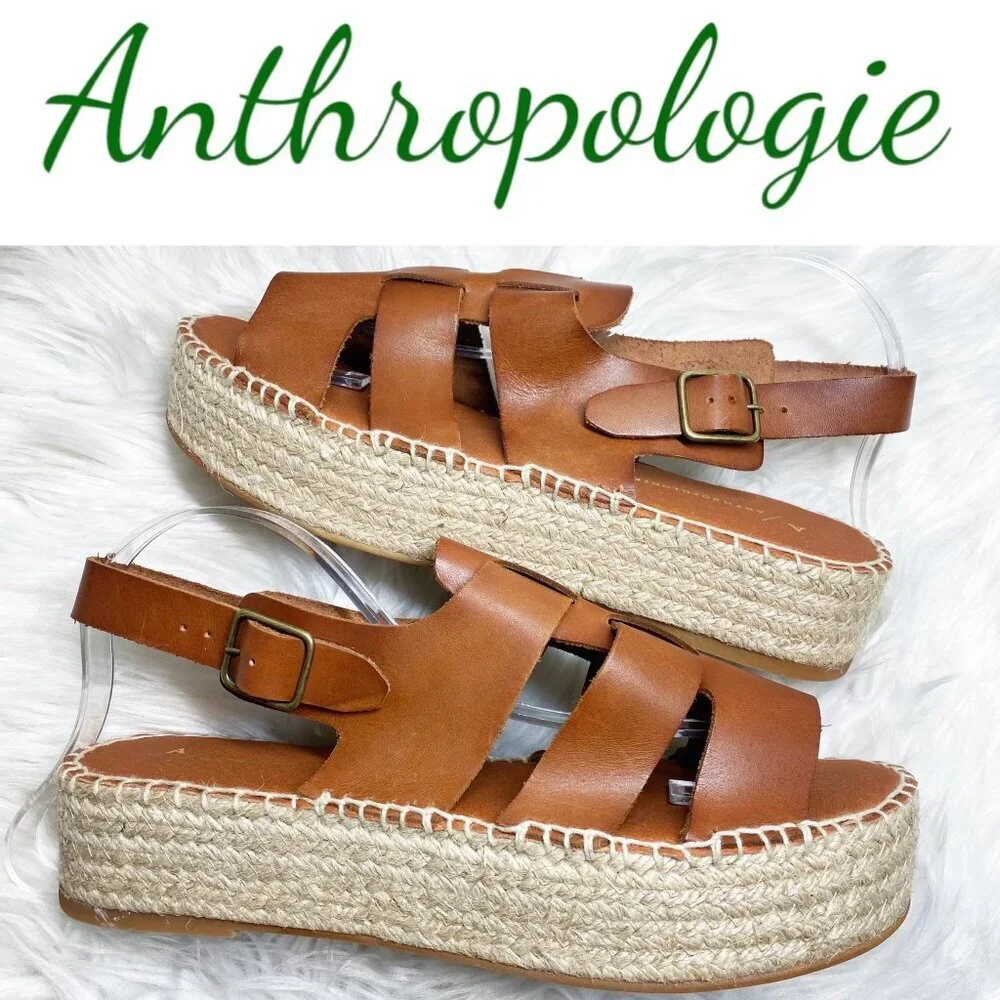 NWOT ANTHROPOLOGIE Brown Leather Platform Fisherman Sandals Espadrilles, Size 41